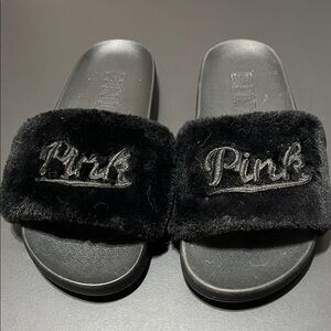 PINK Victoria's Secret Black Plush Slides